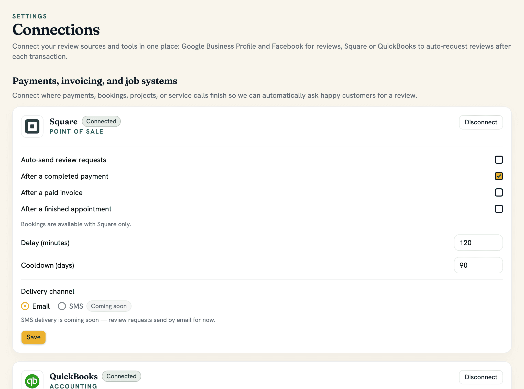 Square and QuickBooks connected to auto-request reviews in the SuperFiveStar dashboard
