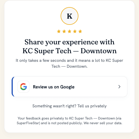 The review-request landing page a customer sees after tapping the link in a future SuperFiveStar SMS message