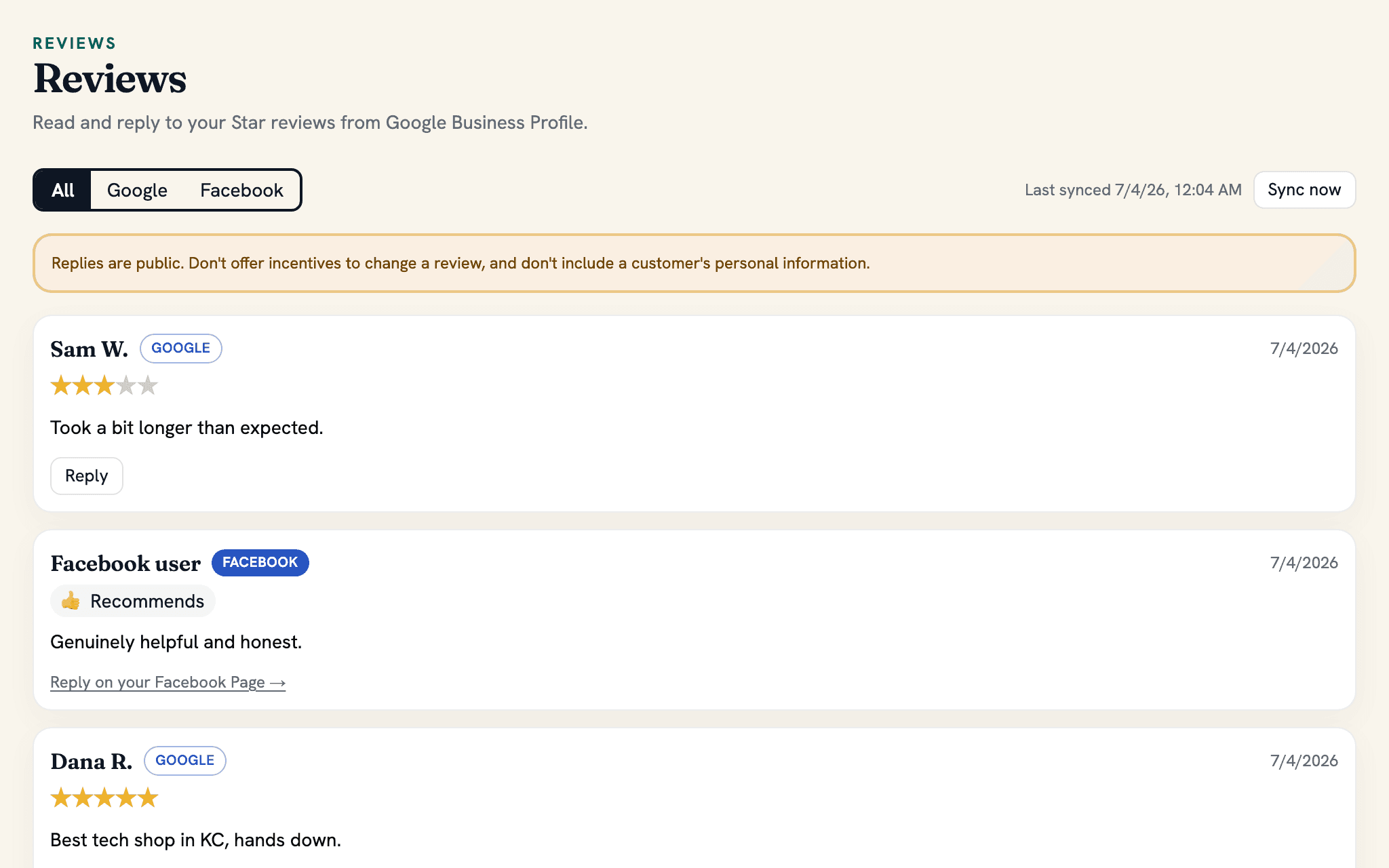 Real Google and Facebook reviews with a reply box in the SuperFiveStar dashboard