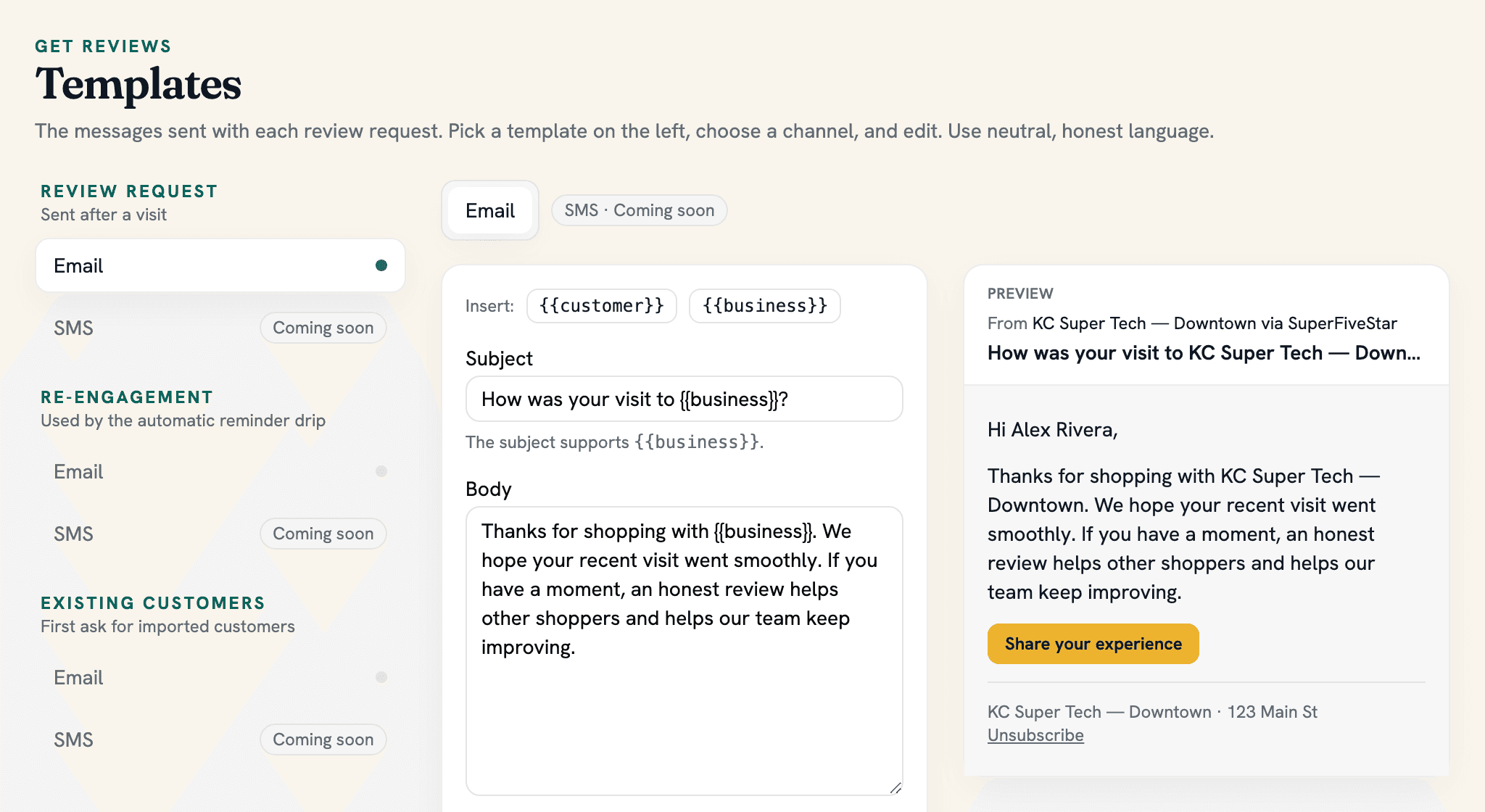 The review-request message template editor and live preview in the SuperFiveStar dashboard