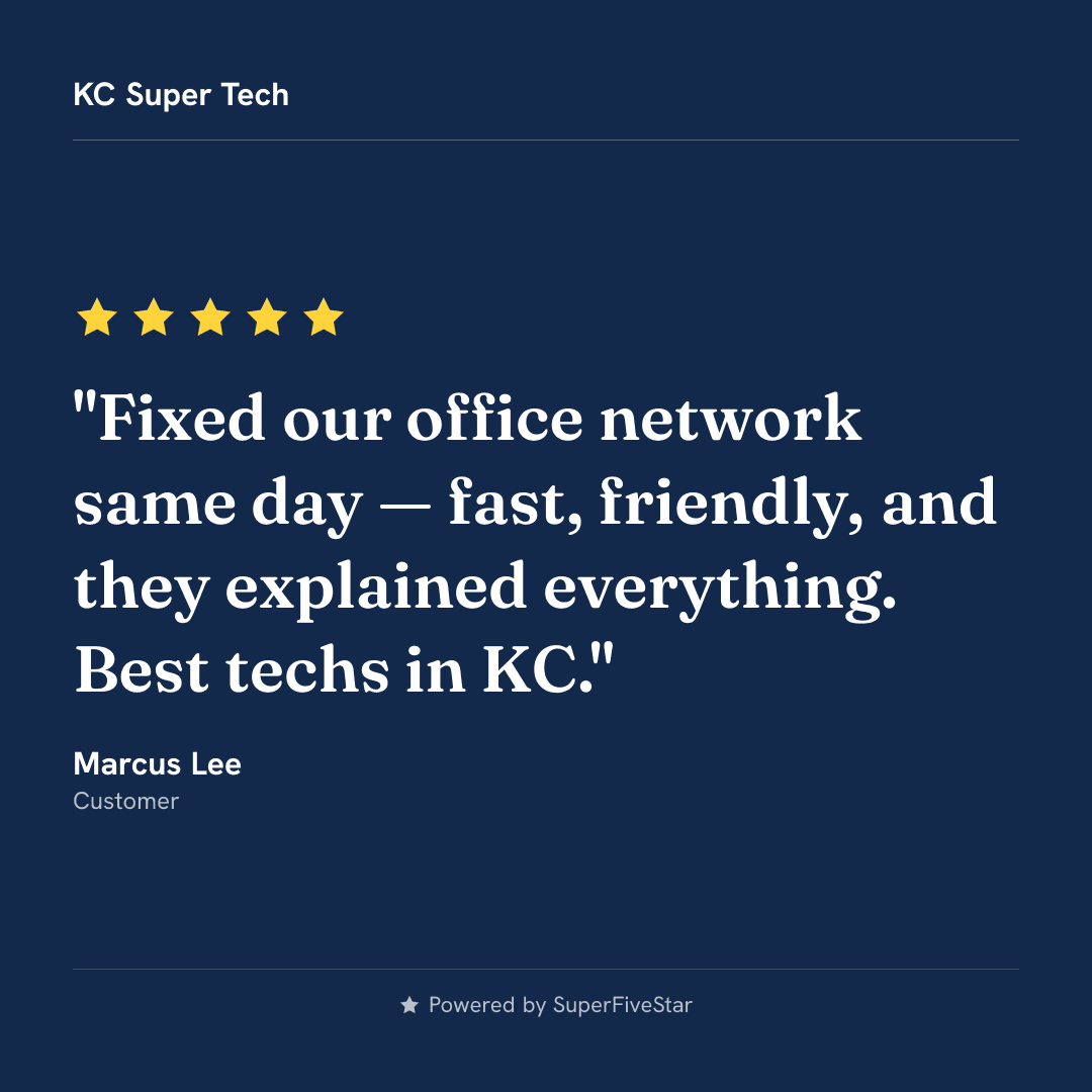 A branded 5-star review share card generated by SuperFiveStar, ready to auto-post to Facebook, Instagram, and Google Business Profile